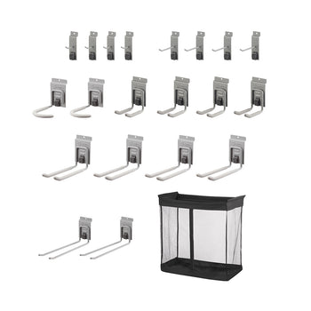 A set of various garage storage hooks, utility hooks, and a mesh storage bag, all designed for wall mounting. The hooks come in different sizes and shapes, including single hooks, double hooks, and long pronged hooks for versatile organization.