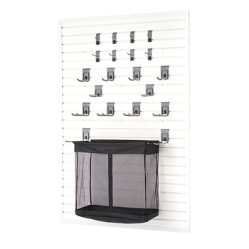 A white slatwall storage panel is equipped with multiple gray hooks, brackets, and a large black mesh storage bin with a zippered front. The modular design allows for customizable organization, ideal for garages or utility rooms.