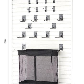 A white slatted wall panel system with various grey hooks and a black mesh laundry bag attached to it. The system is labeled with dimensions: 72 inches in height and 48 inches in width.