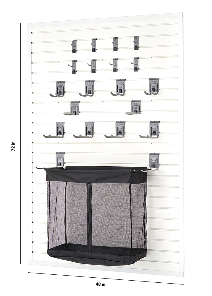 A white slatted wall panel system with various grey hooks and a black mesh laundry bag attached to it. The system is labeled with dimensions: 72 inches in height and 48 inches in width.