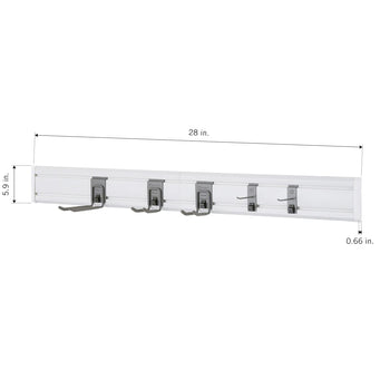 A white wall-mounted storage rack. It has four hooks of various sizes and its dimensions are labeled: 28 inches wide, 5.9 inches tall, and 0.66 inches thick.