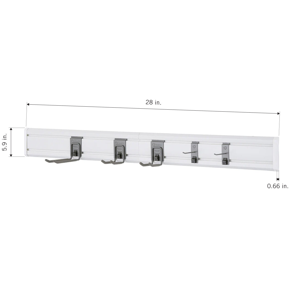 A white wall-mounted storage rack. It has four hooks of various sizes and its dimensions are labeled: 28 inches wide, 5.9 inches tall, and 0.66 inches thick.