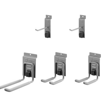 A close-up shot of a 6-piece set of Trinity garage wall hooks. The set includes two small, single hooks and four larger, double hooks, all with a quick-release button for easy removal and adjustment on a slat wall.