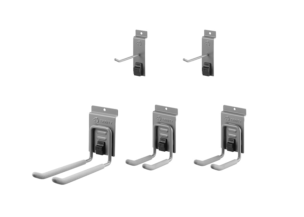 A close-up shot of a 6-piece set of Trinity garage wall hooks. The set includes two small, single hooks and four larger, double hooks, all with a quick-release button for easy removal and adjustment on a slat wall.