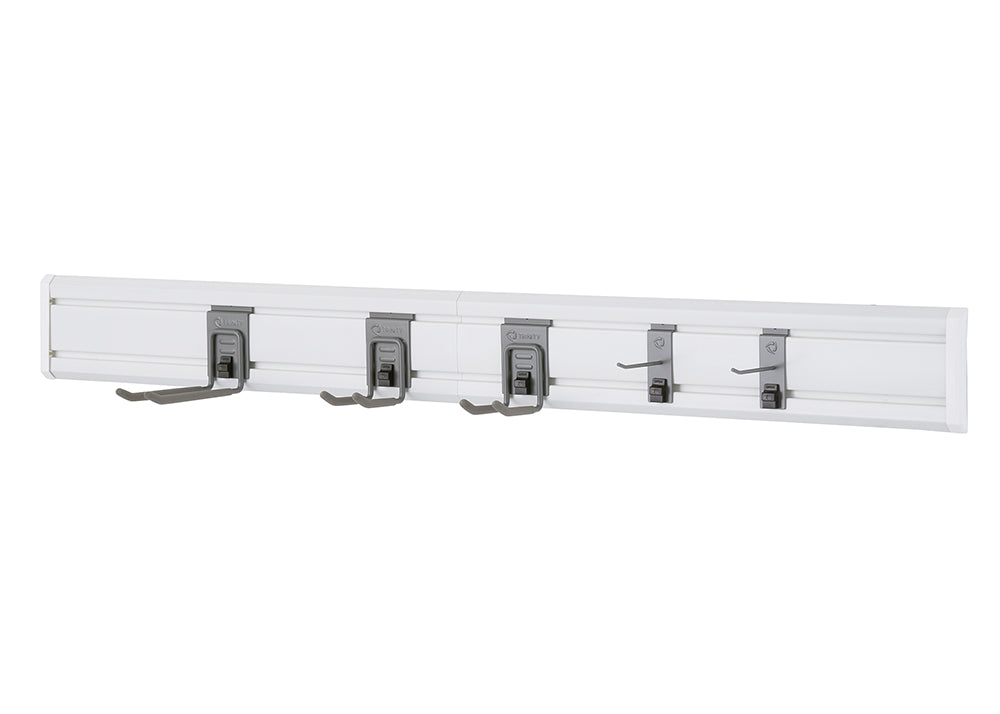A close-up, eye-level shot shows a white wall-mounted storage track with five gray utility hooks. The hooks are spaced out evenly and are holding nothing.