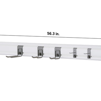 A white wall-mounted storage rack. It has four hooks of various sizes and its dimensions are labeled: 56.3 inches wide, 5.9 inches tall, and 0.66 inches thick.