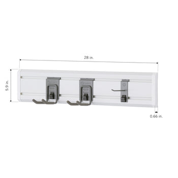 A white wall-mounted tool organizer with two large hooks and one small hook. The image shows the dimensions, which are 28 inches in width, 5.9 inches in height, and 0.66 inches in depth.