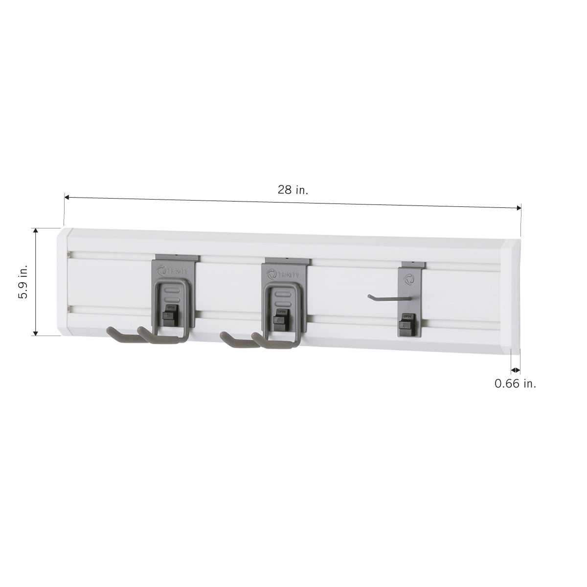 A white wall-mounted tool organizer with two large hooks and one small hook. The image shows the dimensions, which are 28 inches in width, 5.9 inches in height, and 0.66 inches in depth.