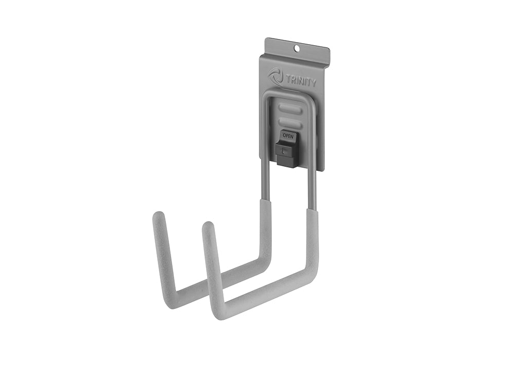 A steel utility hook with a matte grey finish. The hook is double-pronged with cushioned ends, and has a spring-loaded latch on its back plate for secure attachment to a slat wall system.
