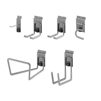 A product shot of six different types of garage organization hooks, all made of gray metal. The hooks are shown mounted on a vertical surface and include a small single hook, two different sizes of U-shaped hooks, a large rounded hook, a wide V-shaped hook, and a double hook.
