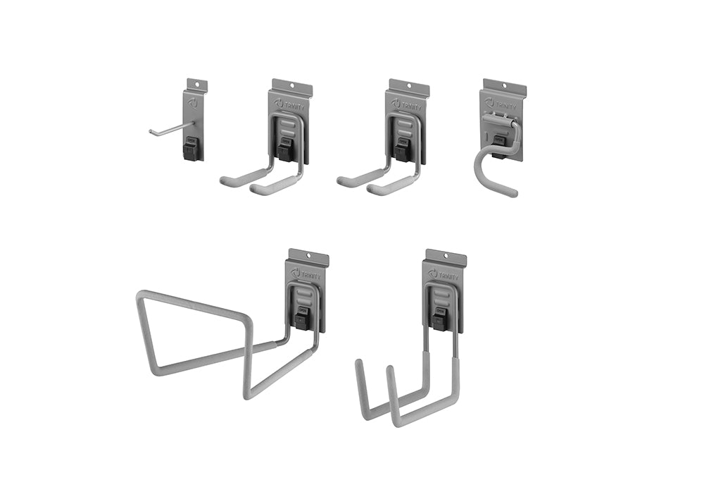 A product shot of six different types of garage organization hooks, all made of gray metal. The hooks are shown mounted on a vertical surface and include a small single hook, two different sizes of U-shaped hooks, a large rounded hook, a wide V-shaped hook, and a double hook.