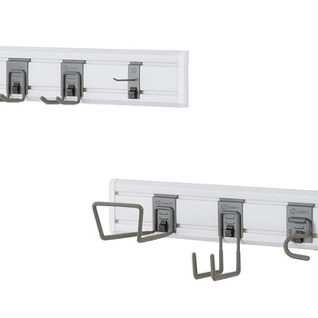 Two sets of wall-mounted tool organizers are shown against a white background. Each organizer consists of a white rail with gray hooks and tool holders attached.