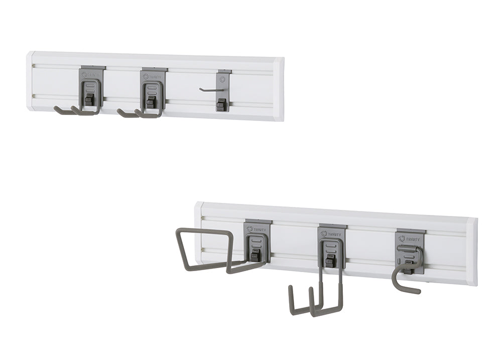 Two sets of wall-mounted tool organizers are shown against a white background. Each organizer consists of a white rail with gray hooks and tool holders attached.