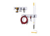 A two-tier modular wall storage system is mounted against a white background. The upper rack holds a cordless drill, a small and large U-hook, and two pairs of pliers, while the lower rack holds a coiled red garden hose, a large wrench, and an extended paint roller.
