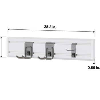 A white wall-mounted tool organizer with two large hooks and one small hook. The image shows the dimensions, which are 28.3 inches in width, 5.9 inches in height, and 0.66 inches in depth.