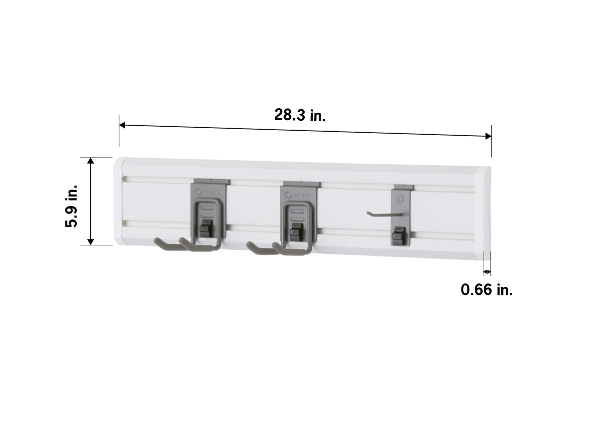 A white wall-mounted tool organizer with two large hooks and one small hook. The image shows the dimensions, which are 28.3 inches in width, 5.9 inches in height, and 0.66 inches in depth.