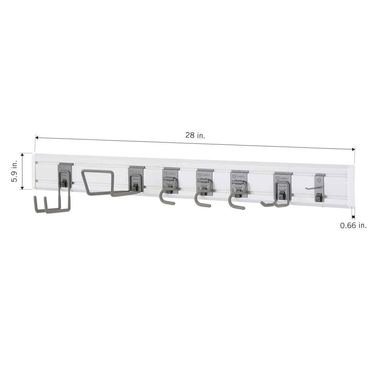 A white wall-mounted storage rail system with several gray hooks and hangers attached. The image shows the dimensions, with a length of 28 inches and a height of 5.9 inches.