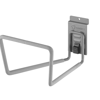 
A Trinity brand J-hook for a garage or tool shed. The hook is made of metal with a gray protective coating, and has a black locking mechanism with the word 