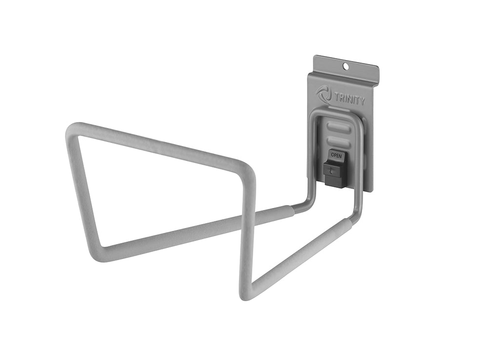 
A Trinity brand J-hook for a garage or tool shed. The hook is made of metal with a gray protective coating, and has a black locking mechanism with the word "OPEN" on it.