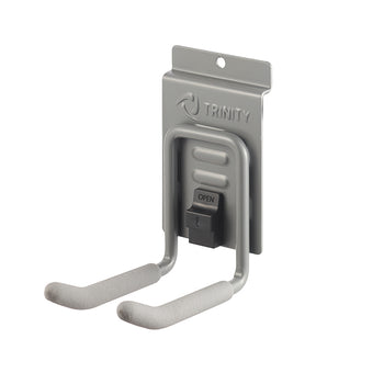 A wall-mounted storage hook is shown against a white background. The hook, made by Trinity, features two arms padded with a light gray foam and a black latch with 