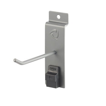 A metal display hook is attached to a vertical plate with a pre-drilled hole at the top. The hook features a small, black plastic lock with the word 