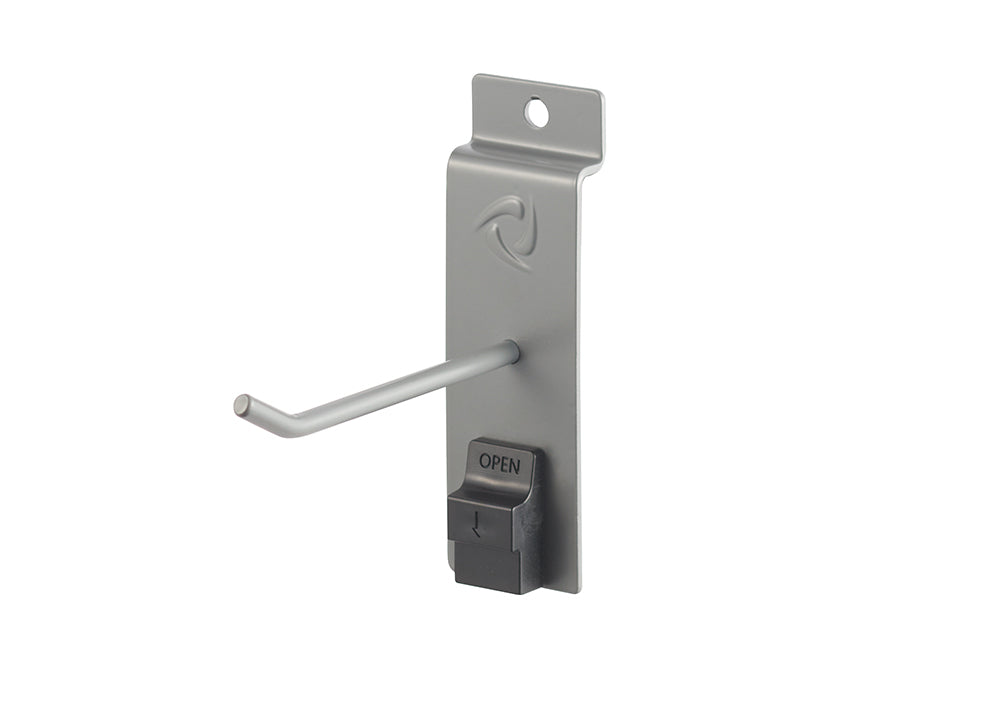 A metal display hook is attached to a vertical plate with a pre-drilled hole at the top. The hook features a small, black plastic lock with the word "OPEN" and an arrow pointing down, indicating how to release it.