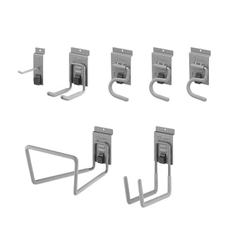 A white background displays two rows of gray TRINITY wall hooks. The top row shows five hooks, from a single small hook to two different styles of double hooks, while the bottom row shows a large utility hook and a double-prong hook.