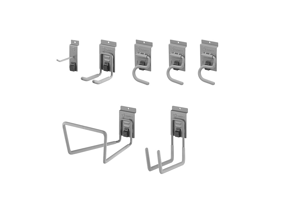 A white background displays two rows of gray TRINITY wall hooks. The top row shows five hooks, from a single small hook to two different styles of double hooks, while the bottom row shows a large utility hook and a double-prong hook.
