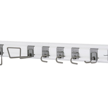 A horizontal, wall-mounted storage system with a white track and various gray-colored hooks. The hooks are spaced along the track and are designed to hold a variety of items, such as tools or sports equipment.