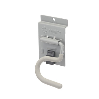 A Trinity-branded garage storage hook with a gray powder-coated metal wall plate and a U-shaped hook. The hook is covered in a soft, non-slip gray material.