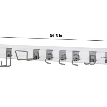 A white wall-mounted storage rail system with several gray hooks and hangers attached. The image shows the dimensions, with a length of 56.3 inches and a height of 5.9 inches.