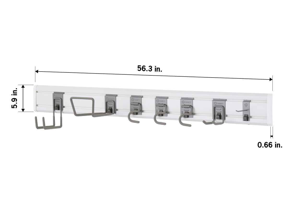 A white wall-mounted storage rail system with several gray hooks and hangers attached. The image shows the dimensions, with a length of 56.3 inches and a height of 5.9 inches.