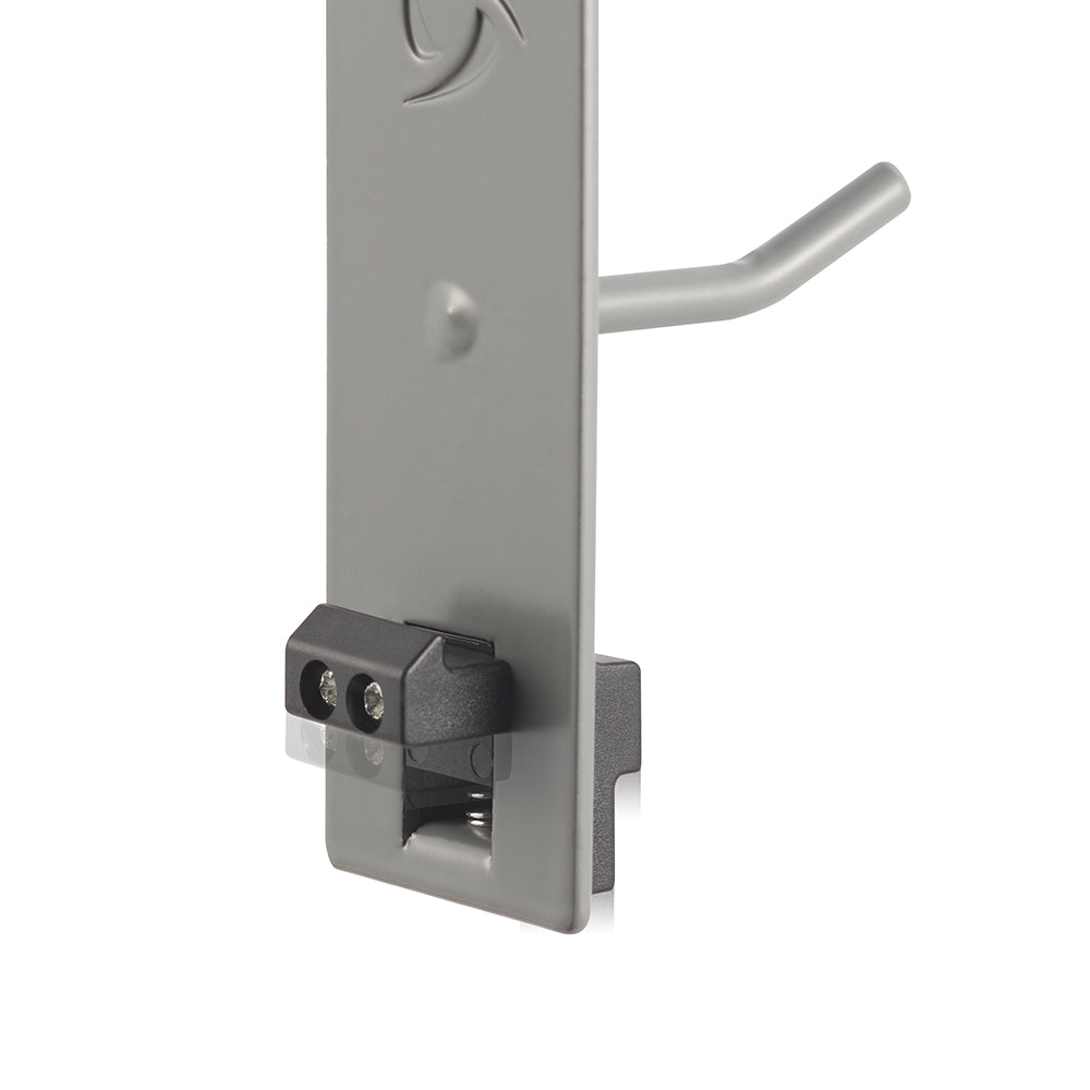 A close-up image of a metal retail display hook with a locking mechanism attached to a vertical panel. The lock has a black plastic casing with two visible screws and a spring-loaded mechanism inside.