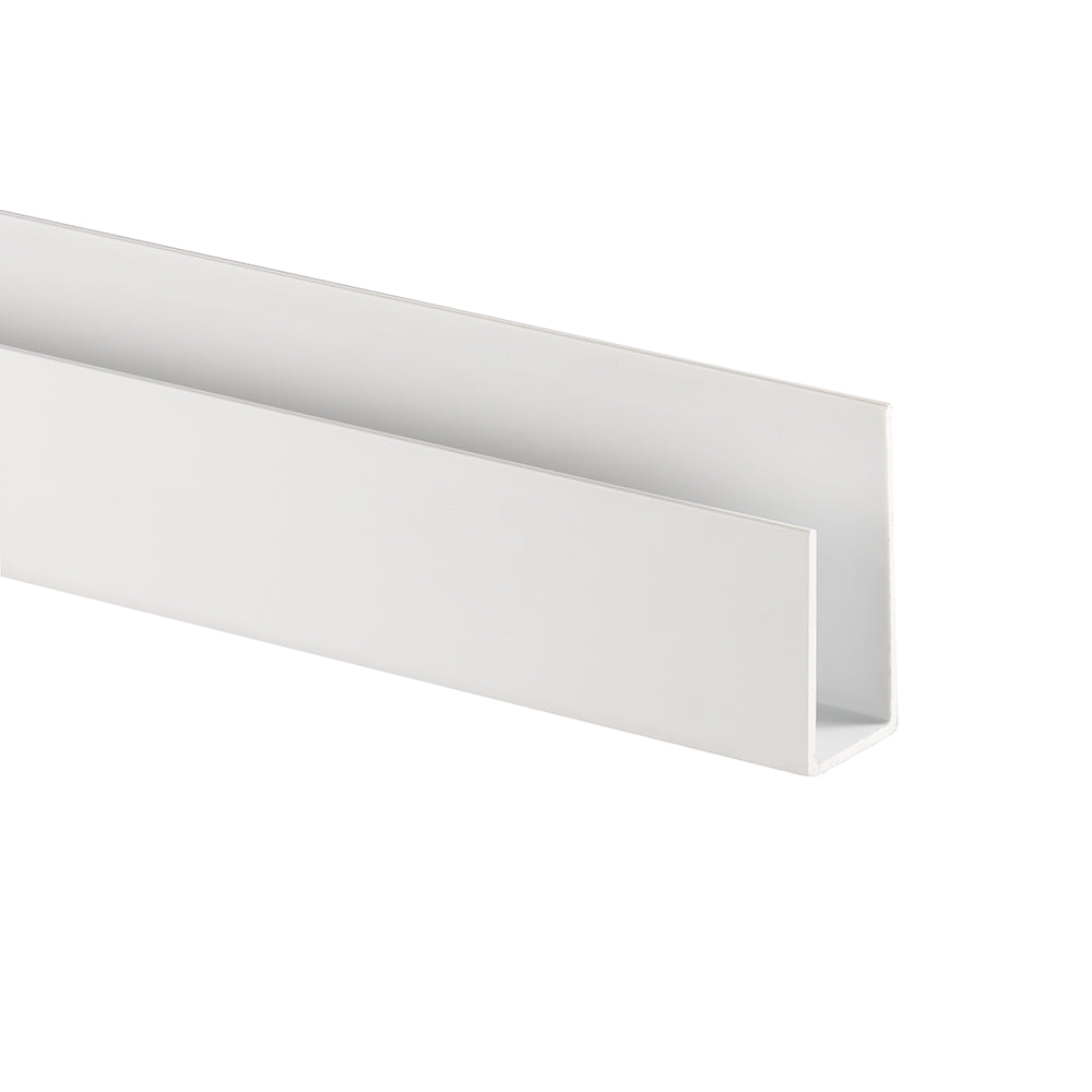 A white aluminum U-channel with a smooth finish, commonly used for framing, structural support, or sliding door tracks. The channel has a clean, modern design with a uniform thickness.