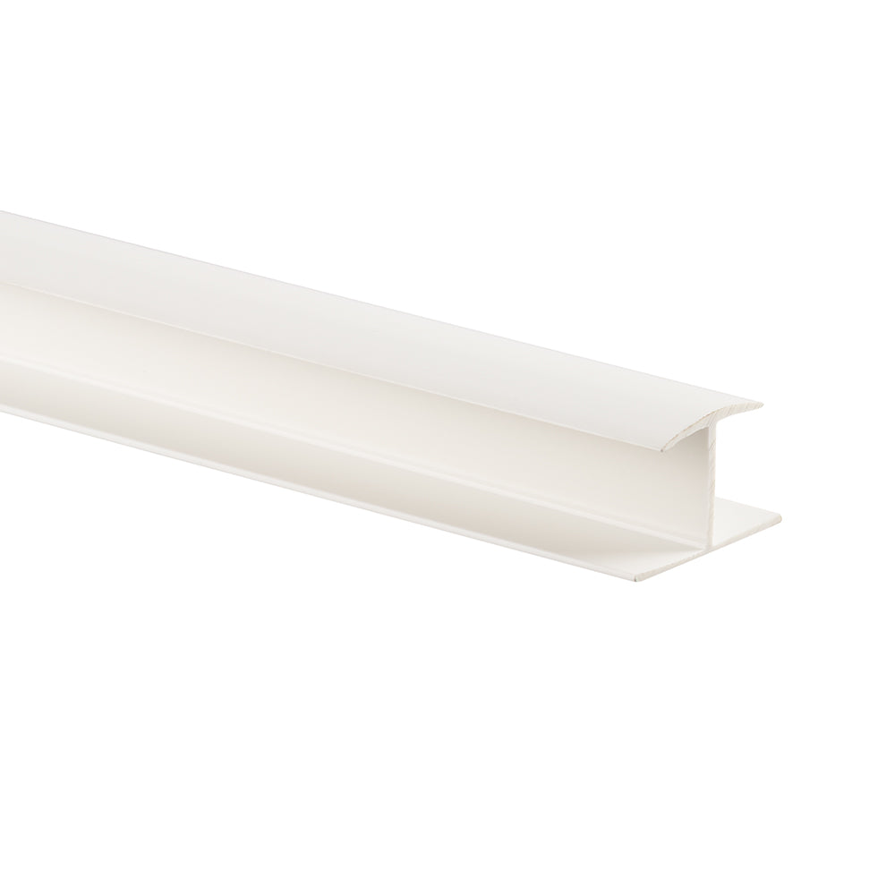 A white plastic H-section trim with a smooth surface and a slight overhang on one side. It is commonly used for joining panels or finishing edges in construction and interior applications.