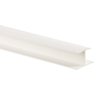A white plastic H-section trim with a smooth surface and a slight overhang on one side. It is commonly used for joining panels or finishing edges in construction and interior applications.