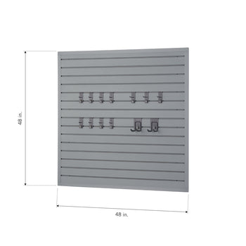 A square, slatwall panel measuring 48 inches by 48 inches is mounted on a wall. It is a gray panel with several metal hooks attached to it, including a few long hooks and a set of double utility hooks.