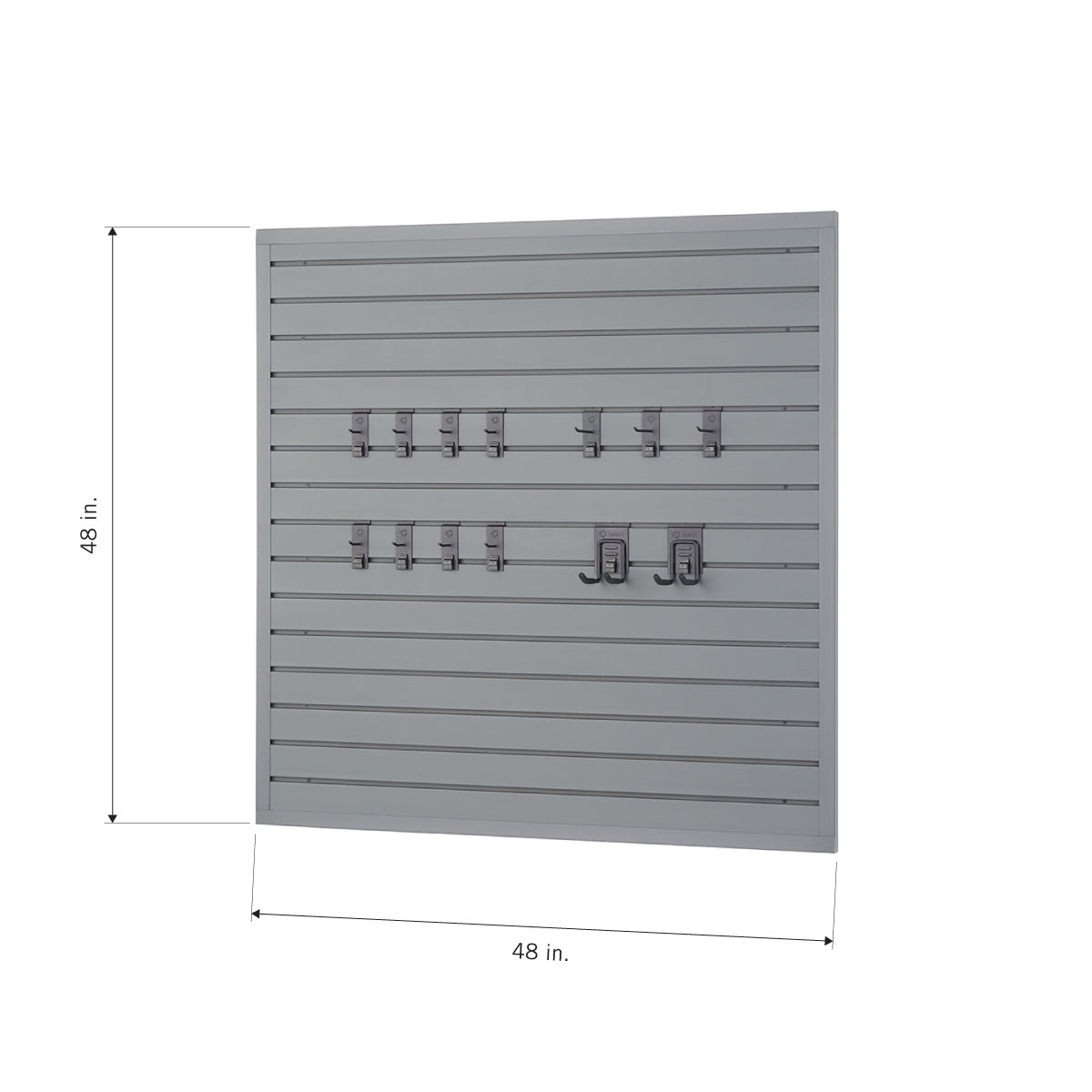 A square, slatwall panel measuring 48 inches by 48 inches is mounted on a wall. It is a gray panel with several metal hooks attached to it, including a few long hooks and a set of double utility hooks.