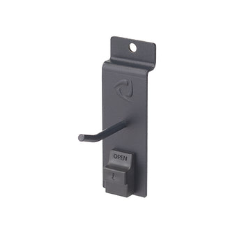 A single, dark gray metal peg hook is shown against a white background. The hook features a small, labeled 