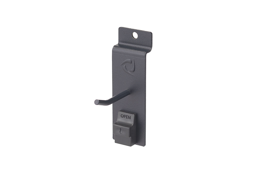 A single, dark gray metal peg hook is shown against a white background. The hook features a small, labeled "OPEN" mechanism at its base, suggesting it's designed to securely hold or display items.