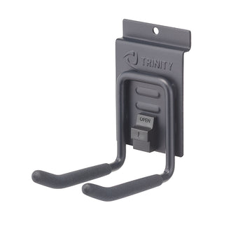 A gray Trinity garage storage hook is shown against a white background. The hook has two prongs with black foam padding and a release mechanism labeled 