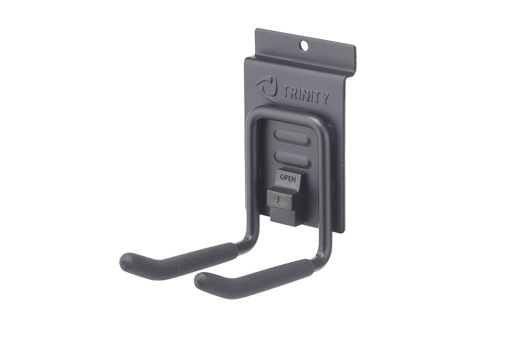 A gray Trinity garage storage hook is shown against a white background. The hook has two prongs with black foam padding and a release mechanism labeled "OPEN" in the center.