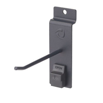 A close-up shot shows a black metal pegboard hook with an attached anti-sweep lock. The lock is a small, dark gray plastic mechanism with 