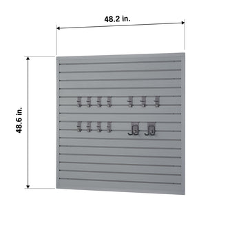 A square, slatwall panel measuring 48.2 inches by 48.6 inches is mounted on a wall. It is a gray panel with several metal hooks attached to it, including a few long hooks and a set of double utility hooks.