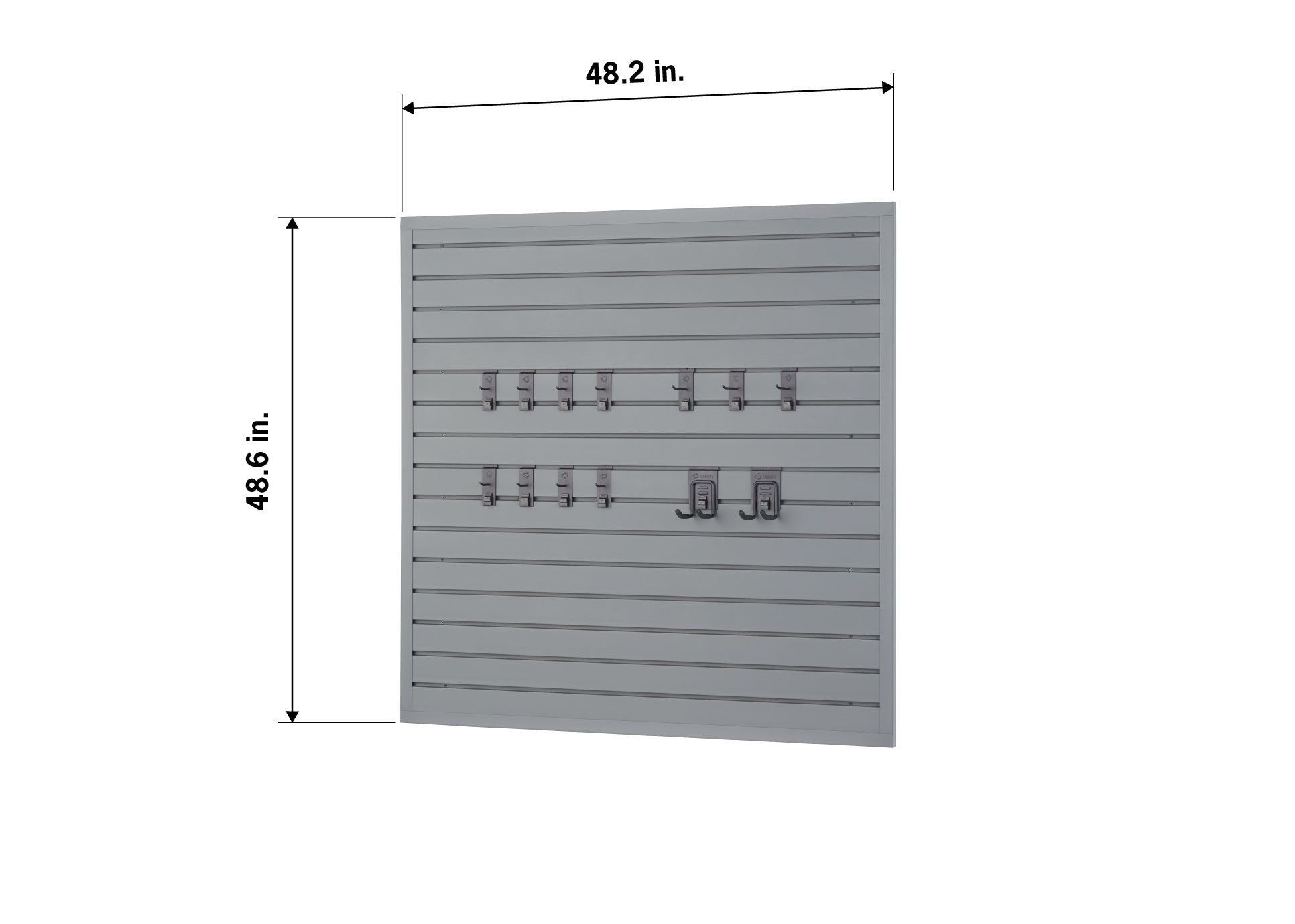 A square, slatwall panel measuring 48.2 inches by 48.6 inches is mounted on a wall. It is a gray panel with several metal hooks attached to it, including a few long hooks and a set of double utility hooks.