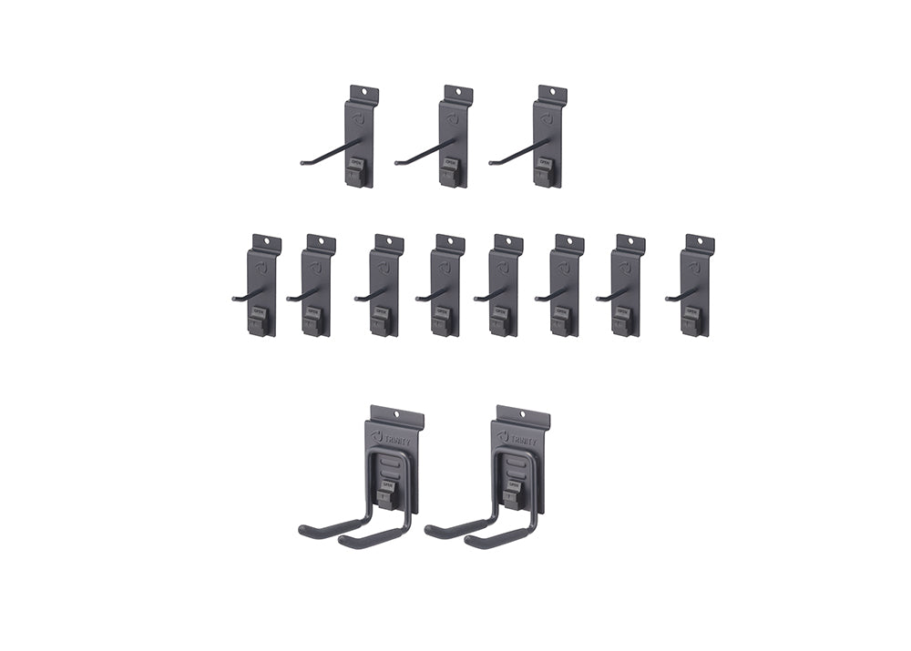A set of black garage organization hooks is displayed against a white background. The image shows three single hooks at the top, eight single hooks in the middle, and two double hooks at the bottom.