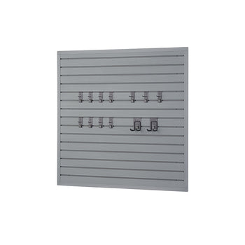 A rectangular, grey slatwall panel is mounted on a white background, featuring horizontal grooves. Various metal hooks and hangers are inserted into the grooves, organized into two rows across the middle of the panel.
