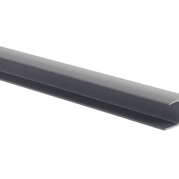 A long, gray I-beam or H-beam is positioned diagonally across a white background. The metal beam has a smooth finish and is lit from the front, highlighting its distinct cross-sectional shape.