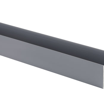A close-up shot of a gray, U-shaped metal channel, viewed from a slight angle. The channel has clean lines and a smooth, matte finish, suggesting it could be a structural or decorative trim piece.