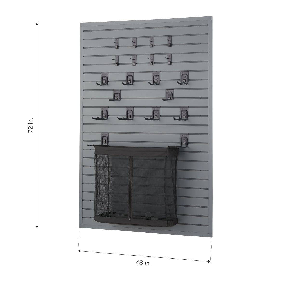 A wall-mounted storage system with a gray slatted backboard. The system has multiple hooks on the top half and a large black mesh storage basket on the bottom half, with dimensions of 72 inches high and 48 inches wide.